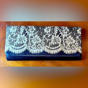 Black Satin - Gold Lace Glitter Trim Clutch Cocktail Purse Clutch Bag 5” x 10”